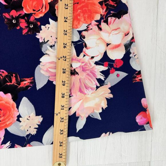 Eliza J Floral Print Shift Dress 12 Navy Blue Pink Bell Sleeve Wedding Guest - Picture 14 of 15